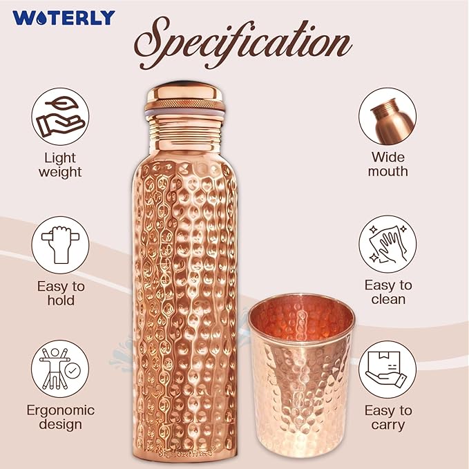 Hammered Copper Water Bottle With Set Of 2 Plain Tumbler | Premium Quality | Pure Authentic Copper Bottle (34 Oz /1000ml ) With Set 2 Copper Tumblers For Drinking