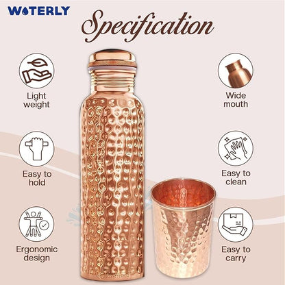 Hammered Copper Water Bottle With Set Of 2 Plain Tumbler | Premium Quality | Pure Authentic Copper Bottle (34 Oz /1000ml ) With Set 2 Copper Tumblers For Drinking