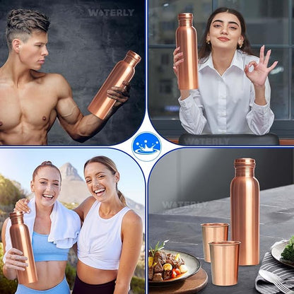 Plain Copper Water Bottle With Set Of 2 Plain Tumbler | Ayurvedic Copper Storage Water Bottle | Pure Authentic Copper Bottle (34 Oz /1000ml ) With Set 2 Copper Tumblers For Drinking