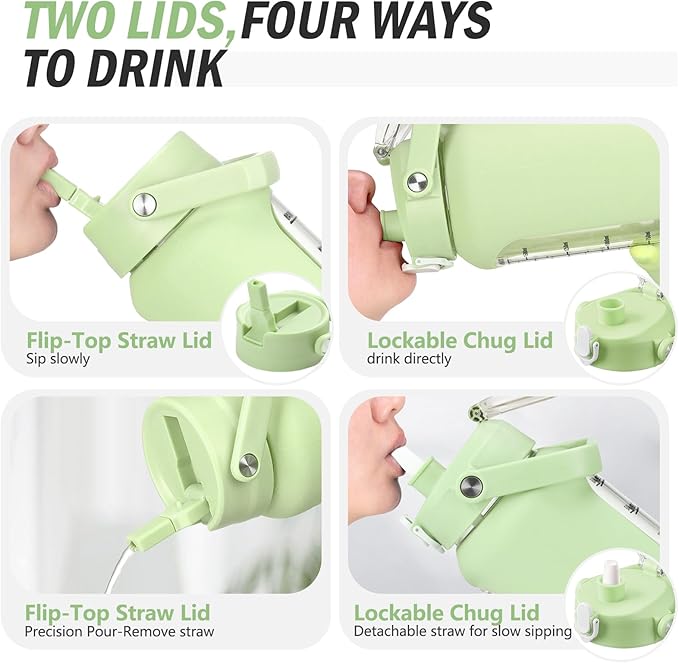 64 oz Glass Water Bottle with Straw and 2 Lids, Half Gallon Water Bottle with Sleeve, Large Insulated 2 Liter Glass Water Jug Time Marker with Handle - Green