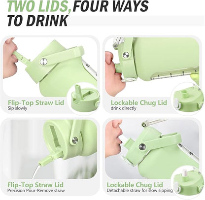 64 oz Glass Water Bottle with Straw and 2 Lids, Half Gallon Water Bottle with Sleeve, Large Insulated 2 Liter Glass Water Jug Time Marker with Handle - Green