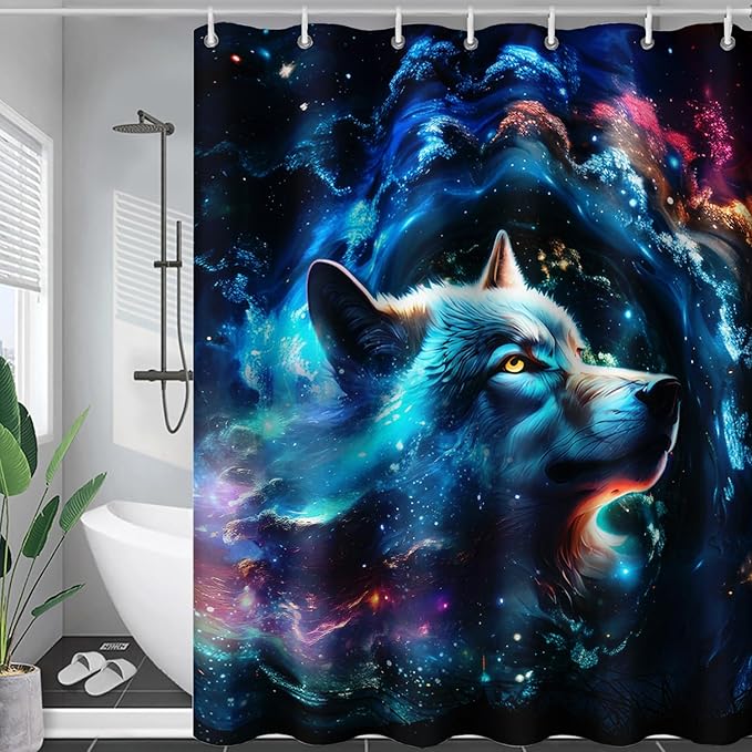 AILONEN 3D Wolf Shower Curtain for Bathroom,Blue Space Galaxy Starry Clouds Wolf Printed Bath Curtain,Boys Teen Kids Wild Animal Wolf Decoration Shower Curtain Waterproof 72" W*72" H