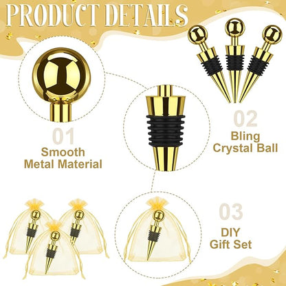 24 Pcs Gold Wine Stoppers Bulk Wine Saver Wedding Party Gifts Favors for Guests Stainless Steel Bottle Stopper Wine Corks Beverage Vacuum Silicone Stopper with Sheer Bags for Wedding Bar