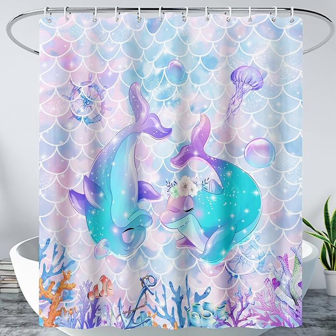 AILONEN Cute Dolphin Shower Curtain,Kawaii Ocean Dolphin Bathroom Curtain for Kids Girls Women,Cartoon Fish Scale Mermaid Bath Curtain 48" W*72" H Polyester Waterproof Shower Curtain with 12 Hooks