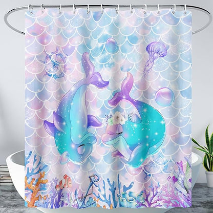 AILONEN Cute Dolphin Shower Curtain,Kawaii Ocean Dolphin Bathroom Curtain for Kids Girls Women,Cartoon Fish Scale Mermaid Bath Curtain 72" W*84" H Polyester Waterproof Shower Curtain with 12 Hooks
