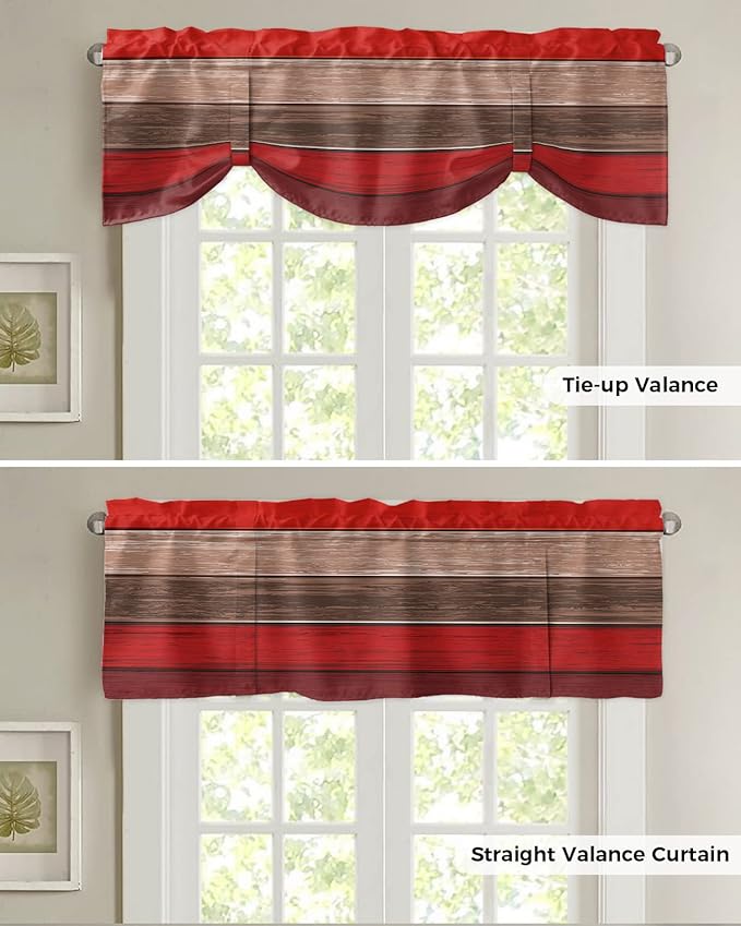 Farmhouse Blackout Tie Up Valance Curtains for Kitchen Windows, Christmas Red Brown Window Toppers Balloon Shades for Living Room/Bathroom/Bedroom,1 Panel,60" X 18" Retro Rustic Barn Wood Texture