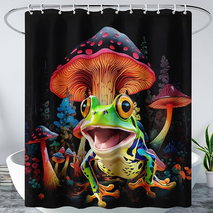 AILONEN Cartoon Tree Frog Shower Curtain,Magic Mushroom Shower Curtain Set for Bathroom for Kids Girls,Boho Style Waterproof Bath Curtain,Tropical Amphibian Bathroom Curtain with Hooks, 48" W*72" H