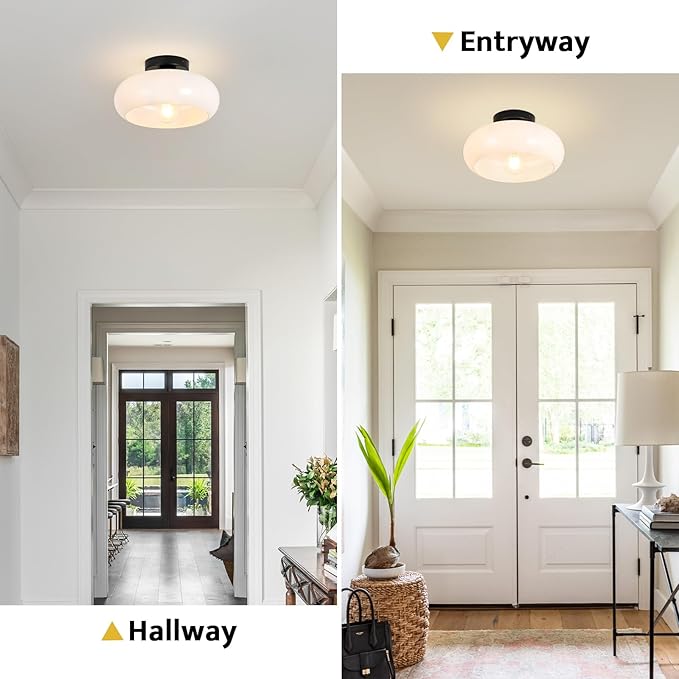 Mid-Century Modern Semi Flush Mount Ceiling Light, Metal Kitchen Light Fixture with Glass Shade,Vintage White and Black Colse to Ceiling Lamp for Entryway Hallway Bathroom (11.0 Inch)