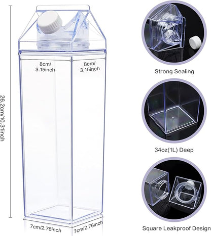 KALYLOC 8Pcs Milk Carton Water Bottle, 34Oz Clear Plastic Square Milk Bottles, Portable Reusable Milk Box Juice Water Container for Travelling Sports Camping Outdoor Activities (Clean 8pcs)