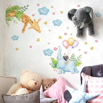 Cartoon Animal Wall Decals - Blue Elephant & Brown Giraffe with Balloons - 90x30cm Peel & Stick Design