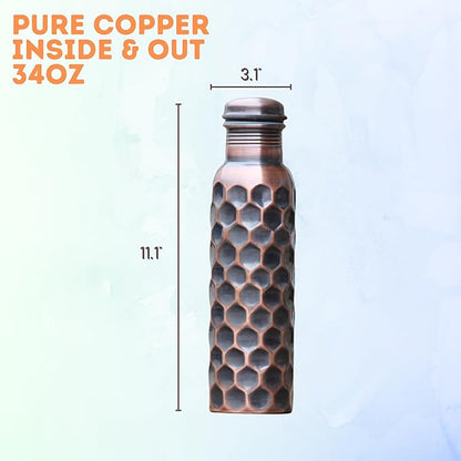 Copper Water Bottle 34oz, Hammered Antique Copper Bottle with Lid Leakproof, Ayurvedic Copper Vessel to Drink More Water for Yoga Gym Sports Travel Daily Use