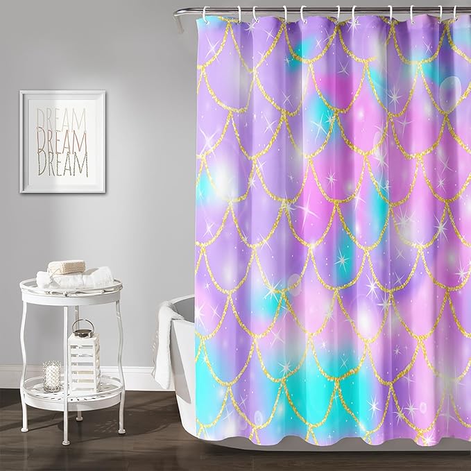 AILONEN Mermaid Scale Shower Curtain,Purple Mermaid Scale Bath Curtain for Girls Bathroom,Polyester Waterproof for Shower with 12 Plastic Hooks 36" W*72" H