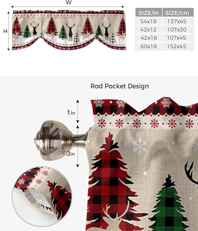 Farmhouse Christmas Blackout Tie Up Valance Curtains for Kitchen Windows Rustic Plaid Christmas Tree Snowflakes Window Toppers Balloon Shades for Living Room/Bathroom/Bedroom,42" X 12" Red Green Black