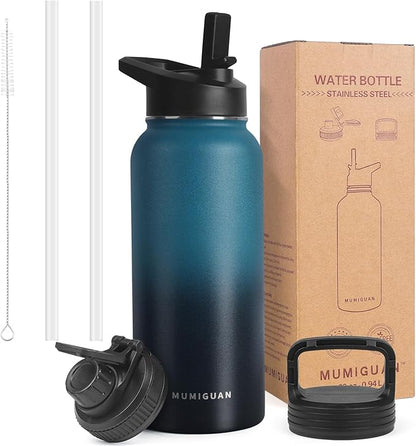 32oz Insulated Water Bottle with 3 Lids(Straw, Hand and Spout Lid), Double Vacuum Stainless Steel Metal Water Flask(BPA-free, CPC) for Sports, Camping, Hiking, Cycling, Fitness and more(Indigo Black)