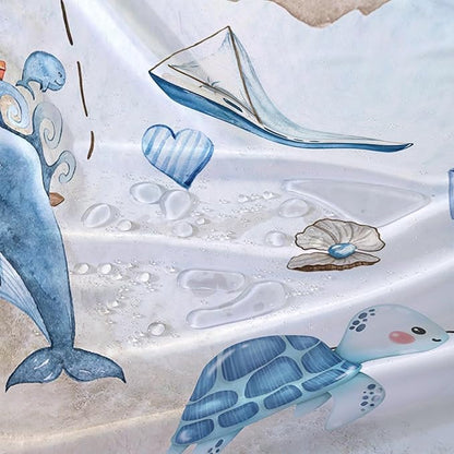 AILONEN Cartoon Dolphin Hower Curtain,Cute Sea Turtle Shower Curtain for Bathroom,Nautical Theme Bath Curtain,Watercolor Blue Waterproof Fabric Shower Curtain Set for Kids Girls,Boys,72" W*78" H