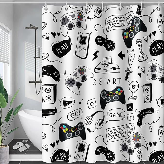 AILONEN Gamer Shower Curtain for Boys 48" W*72" H Black Gaming Video Game Bathroom Curtain,Teen Boys Bath Curtain Polyester Waterproof Retro Game Controller Bathroom Curtain with 12 Hooks