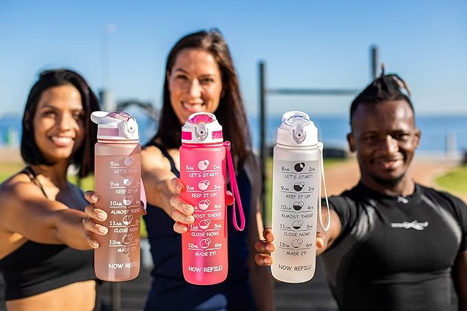 Prometheuz 32oz Water Bottle with Straw, Motivational Water Bottle with Time Marker, Water Bottles Leakproof & BPA-Free for Sports, Work and Fitness Rose Gold