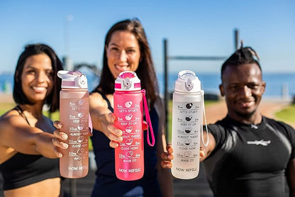 Prometheuz 32oz Water Bottle with Straw, Motivational Water Bottle with Time Marker, Water Bottles Leakproof & BPA-Free for Sports, Work and Fitness Rose Gold