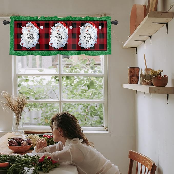 Merry Christmas Y'all Kitchen Curtains Valances for Windows XMAS Santa Claus Rod Pocket Window Treatment for Kitchen/Living Room/Bedroom/Bathroom,60" X 18" -1 Panel, Red Buffalo Plaid