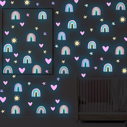 NICENEEDED 4 Sheets Glow in The Dark Rainbow Wall Decal, Glowing Luminous Small Rainbow Wall Stickers, Removable Self-Adhesive Ceiling Sticker Decals for Bedroom Decoration