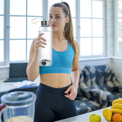 Crazy Music 32 oz Clear Glass Water Bottles,Reusable Glass Juicing Bottles with Stainless Steel Leak Proof Lids -16 oz Sports Water Bottle with Time Marker for Gym, Sports, Outdoors(32 Oz Gold