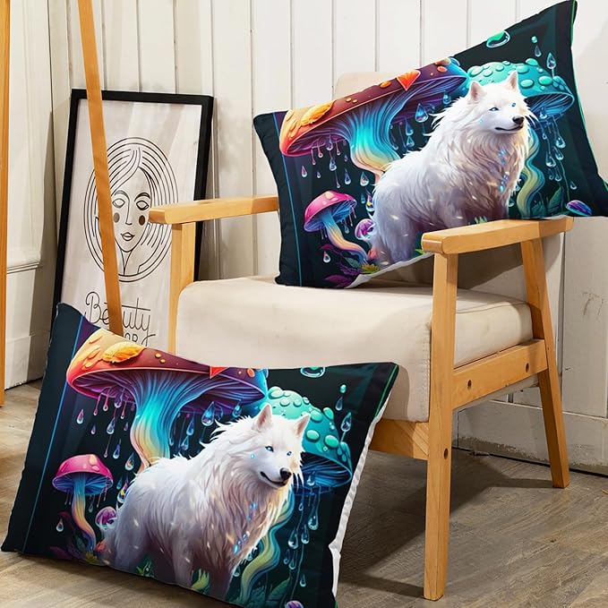 AILONEN White Wolf Fitted Sheet Set Twin XL Size, Cartoon Mushroom and Cute Wolf Bed Sheet Set,3 Pieces Rain Mushroom Fitted Sheet with 2 Pillowcases for Boys Girls