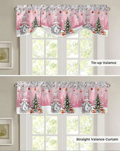 Christmas Gnome Blackout Tie Up Valance Curtains for Kitchen Windows Winter Merry Christmas Tree Balls Window Toppers Balloon Shades for Living Room/Bathroom/Bedroom,1 Panel, 42" X 12", Pink