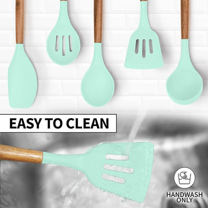Zulay Non-Stick Silicone Cooking Utensils Set with Authentic Acacia Wood Handles - 5 Piece Silicone Kitchen Utensils Set (Aqua)