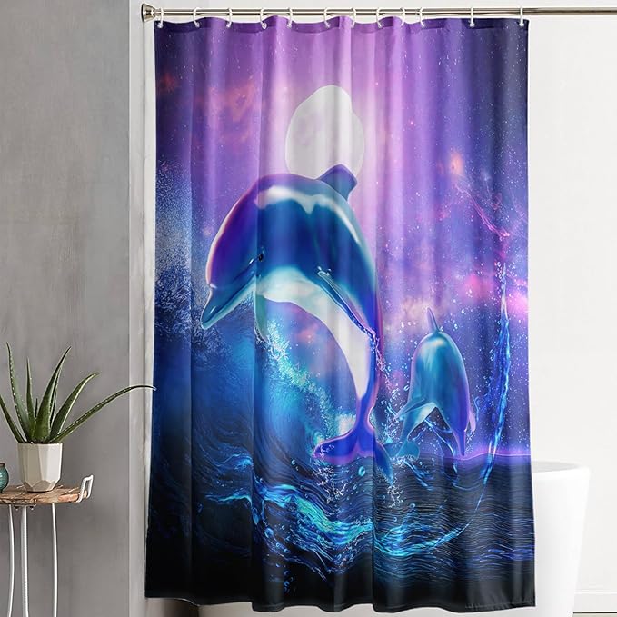 AILONEN Catrtoon Dolphin Shower Curtain Bathroom 72" W*72" H Blue Starry Sky Sea Water Cloth Fabric Bathroom for Kids Girls,Jumping Dolphin with Moon Shower Curtain Set