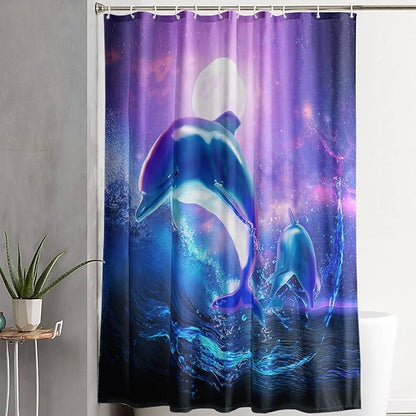 AILONEN Catrtoon Dolphin Shower Curtain Bathroom 72" W*78" H Blue Starry Sky Sea Water Cloth Fabric Bathroom for Kids Girls,Jumping Dolphin with Moon Shower Curtain Set
