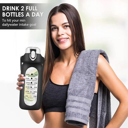 32 oz Glass Water Bottle with Time Marker - 1000ml Large Sports Motivational Water Bottles with Handle & Silicone Case, 1 Liter Leak-proof Measured Drinking Bottle for Gym Fitness Workout (Black)