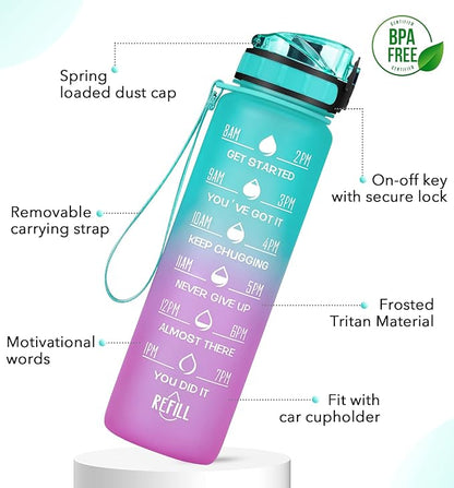 32oz Motivational Water Bottle with Time Marker & Fruit Strainer, Leak-proof BPA Free Non-Toxic 1l Bottle with Carrying Strap, Perfect for Fitness, Gym and Outdoor Sports (Ombre: Mermaid)