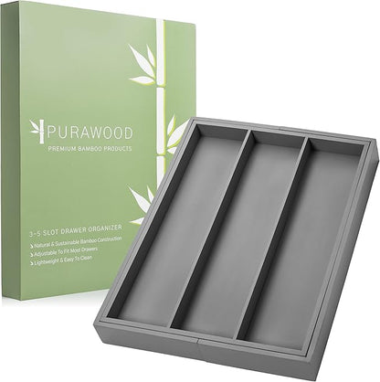 Purawood - Large Premium Bamboo Silverware Organizer - Expandable Kitchen Drawer & Utensil Organizer, 17" x 19.75" Cutlery Tray with Drawer Dividers for Kitchen Flatware (3-5 Slots) (Grey)