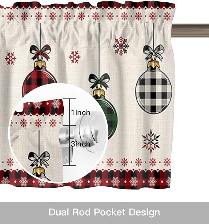 Vandarllin Christmas Kitchen Curtains Valances for Windows Vintage Buffalo Plaid Christmas Balls Rod Pocket Window Treatment for Kitchen/Living Room/Bedroom/Bathroom,60" X 18" -1 Panel, Farmhouse