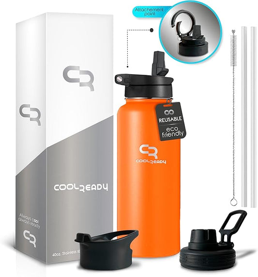 40oz Orange Water Bottle Stainless Steel - With Handle Straw Lid, Coffee Thermos, Chug Water Bottle - Double Walled Stainless Metal Water Bottle - Gym, Outdoor, Office – Leak Proof