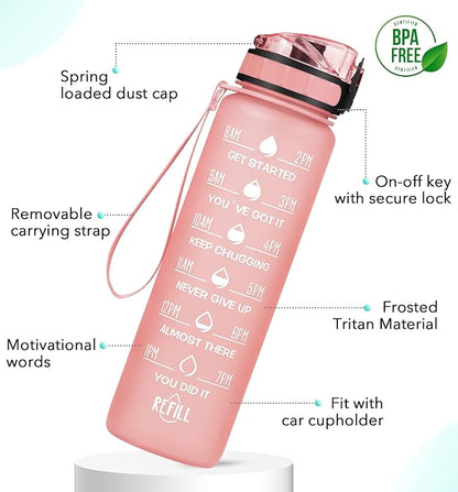 32oz Motivational Water Bottle with Time Marker & Fruit Strainer, Leak-proof BPA Free Non-Toxic 1l Bottle with Carrying Strap, Perfect for Fitness, Gym and Outdoor Sports (Rose Quartz)