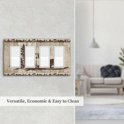 Rustic Wood Bear Forest 4 Gang Rocker Decora Light Switch Cover Vintage Antique Cabin Decorative Outlet Covers Wall Plate Electrical Faceplate Switchplate GFCI for Farmhouse Bathroom Bedroom Decor