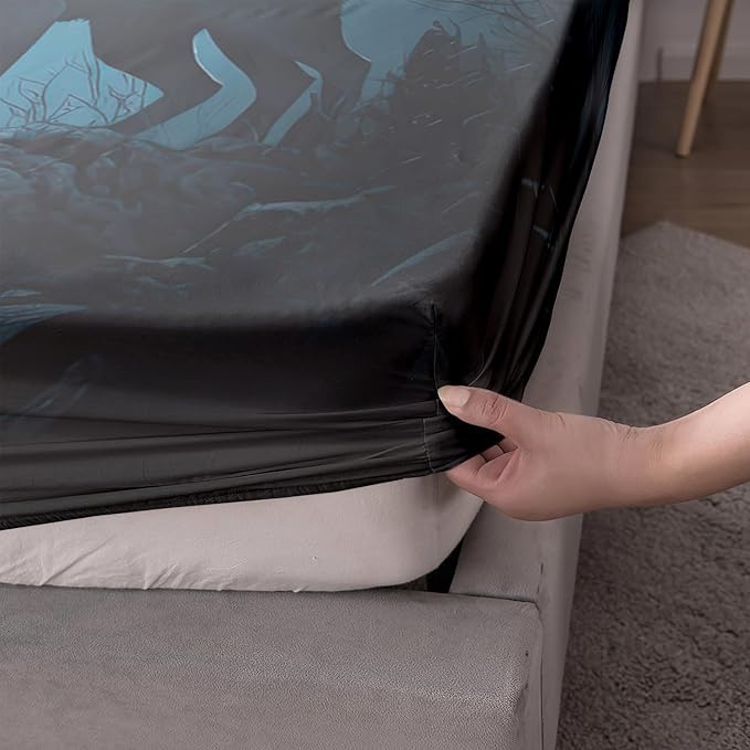 AILONEN Howling Wolf Fitted Sheet Set Full Size, 3 Pieces Teen Boys Bedding Set Safari Animal Themed Sheet Set,Dreamcatcher Bed Sheet Set Evening Forest Wolf Fitted Sheet with 2 Pillowcases