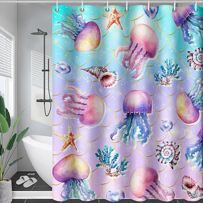 AILONEN Ocean Jellyfish Shower Curtain for Bathroom, Cute Jellyfish Mermaid Printed Bathroom Curtain,Girls Women Kids Coral Bath Curtain 48"W*72"H Polyester Waterproof Bathroom Curtain With 12 Hooks