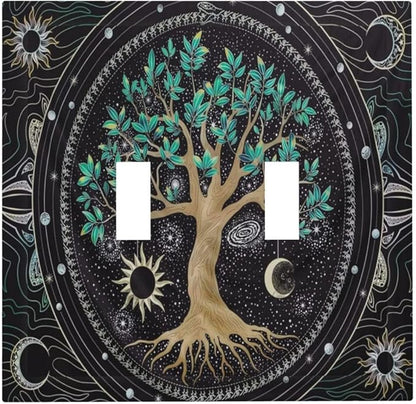 Tree of Life Blackground Double Toggle Light Switch Cover Decorative Hippie Sun Moon Star 2 Gang Wall Plate Electrical Faceplate Switchplate Art Panel for Bathroom Bedroom Living Room Decor