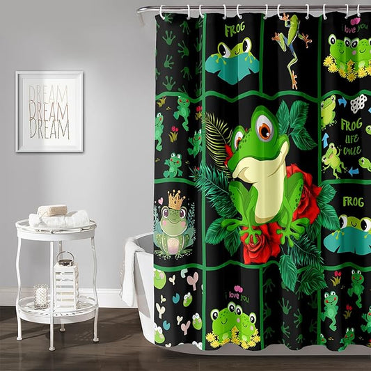 AILONEN Cartoon Frog Shower Curtain 72" W*96" H,Funny Frog Cartoon Green Animal Shower Curtain,Frog Lover Curtain Bathroom Decor Shower Curtain with 12 Hooks