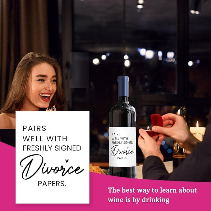 24 Pcs Divorce Wine Labels, Divorce Breakup Gifts for Women Men Her, Divorce Party Decorations for Women, Pairs Well With Freshly Signed Divorce Papers Wine Bottle Stickers Labels