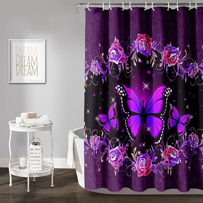 AILONEN Girls Butterfly Shower Curtain for Bathroom, Purple Rose Floral Butterfly Bathroom Curtain,Flying Butterfly Bath Curtain 48" W*72" H Polyester Waterproof Bathroom Curtain with 12 Hooks