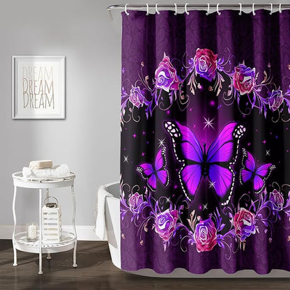 AILONEN Girls Butterfly Shower Curtain for Bathroom, Purple Rose Floral Butterfly Bathroom Curtain,Flying Butterfly Bath Curtain 72" W*84" H Polyester Waterproof Bathroom Curtain with 12 Hooks