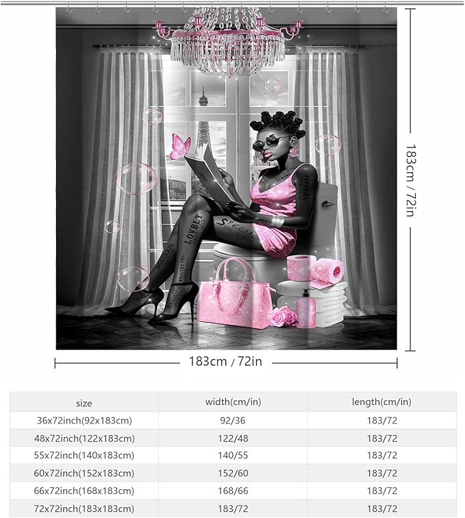 African American Shower Curtain Fashion Black Girl Shower Curtains for Bathroom Decor Grey Pink Waterproof Polyester Fabric Afro Black Women Bathroom Curtain with Hooks 66x72 Inch