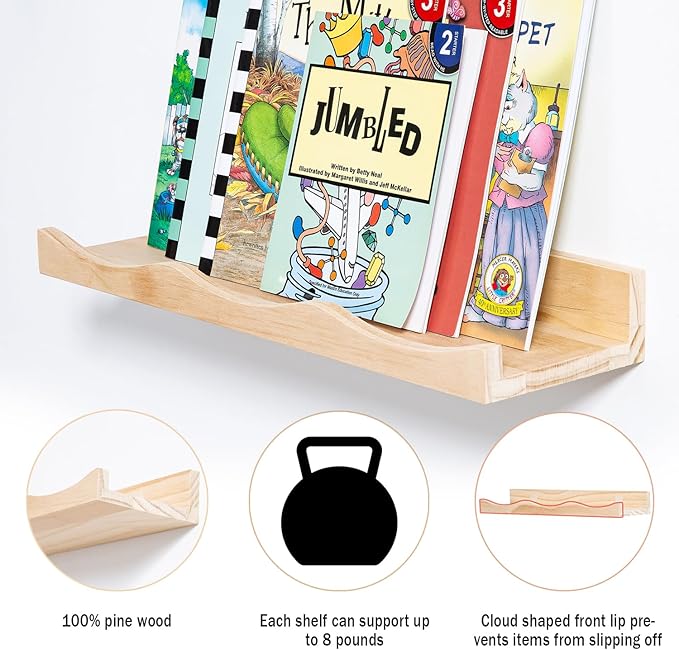 AZSKY Floating Bookshelf for Kids, Picture Ledge Shelf for Wall Decor and Storage 16 Inches Nursery Book Shelves Set 3, Baby Book Shelf for Kids Room Decor(Natural Wood) (Natural, 16Inch)