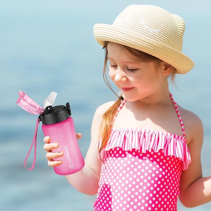 GOPPUS Kids Water Bottle with Straw Spout Lid 10pcs Stickers 12 oz Leak-proof BPA Free Motivational Time Marker Tritan Plastic Water Bottles for Girls Boys School Sports