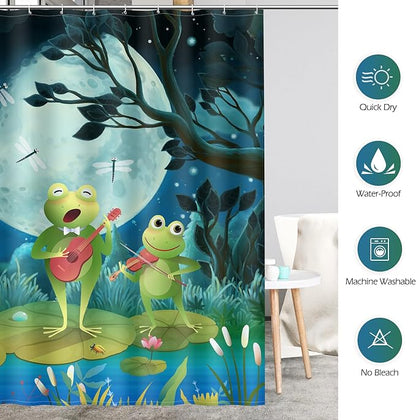 Aimego Funny Frog Shower Curtain - Cute Cartoon Frogs Dragonfly Lotus Leaf Floral Pond Wildflower Moon Fun Bath Shower Curtain Set with 12 Hooks for Kids Adults Bathroom Decor Accessories,72"x72"