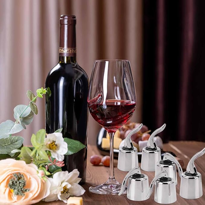 6Pcs Plastic Wine Stoppers, Reusable Wine Bottle Stopper with Silicone Seal, Wine Saver and Decorative Bottle Sealer, Beverage and Wine to Keep Fresh (Silver）