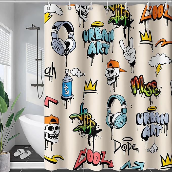AILONEN Hip-Hop Skull Shower Curtains,Graffiti Music Bath Curtains,Printed Rock Curtains,Polyester Waterproof with 12 Hooks for Bathroom 48" W*72" H